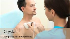  Presentation with ultrasound - Slide deck with examination of patient's shoulder background and a coral colored foreground