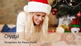  Presentation with christmas tree - PPT theme featuring santa's hat checking news background and a coral colored foreground