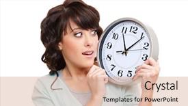  Presentation with clock - Slide deck consisting of time - portrait of shocked woman background and a coral colored foreground