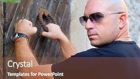  Presentation with man door - Cool new slides with a bald headed man backdrop and a tawny brown colored foreground