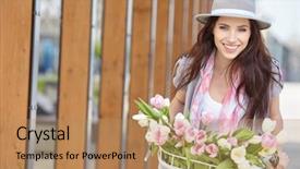  Presentation with stationary bicycle generators - Colorful slides enhanced with beatiful - stylish woman in gray hat backdrop and a coral colored foreground