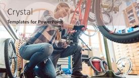  Presentation with mechanics - Beautiful slides featuring a-bike-repair-workshop backdrop and a coral colored foreground