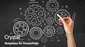  Presentation with hand holding colorful brain sketch - Slides with a blackboard with gear background and a dark gray colored foreground