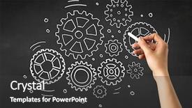  Presentation with hand holding colorful brain sketch - Amazing PPT theme having a blackboard with gear backdrop and a dark gray colored foreground