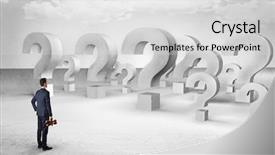 Presentation with bunch - Presentation theme featuring businessman standing and looking to a bunch of question mark signs background and a light gray colored foreground