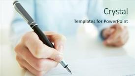  Presentation with human being - Slide deck having a business woman being background and a sky blue colored foreground