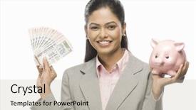  Presentation with piggy bank - Presentation enhanced with a businesswoman showing indian background and a soft green colored foreground