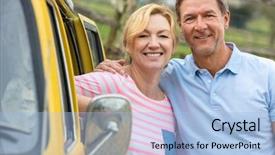  Presentation with happy camper - Presentation theme consisting of a camper van bus background and a light blue colored foreground