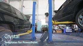  Presentation with garage car - PPT theme featuring a car repair garage background and a ocean colored foreground