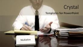  Presentation with attorney - Presentation theme featuring man working on desktop computer background and a gray colored foreground.