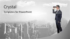  Presentation with skyscraper - PPT theme consisting of a city with binoculars background and a white colored foreground