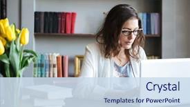  Presentation with woman business - Beautiful presentation theme featuring a concentrated mature business backdrop and a sky blue colored foreground