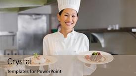  Presentation with chef - Slide set consisting of a confident female chef background and a coral colored foreground