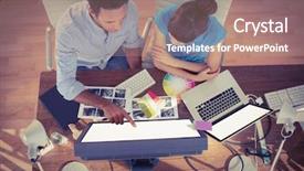  Presentation with team working together - Slide deck featuring a creative business team background and a coral colored foreground