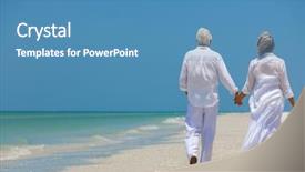  Presentation with walking - Presentation theme featuring a deserted tropical beach background and a teal colored foreground