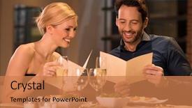  Presentation with young happy couple - PPT layouts enhanced with a dessert from menu background and a coral colored foreground