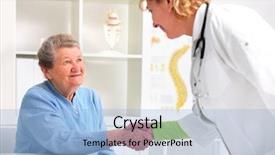  Presentation with medical robot hand and doctor - Cool new PPT theme with a female senior patient backdrop and a light blue colored foreground