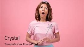  Presentation with magic wand - PPT theme enhanced with fairy costume holding magic background and a coral colored foreground