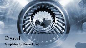  Presentation with steel industry - Slide deck having a giant cogwheels axle background and a teal colored foreground