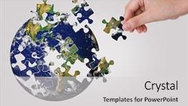  Presentation with world - Presentation theme enhanced with a hand building puzzle background and a light gray colored foreground