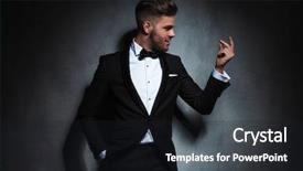  Presentation with man wear black suit - Presentation theme enhanced with a hand in pocket background and a dark gray colored foreground
