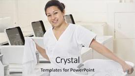  Presentation with laundromat - Slides enhanced with a happy young employee background and a  colored foreground