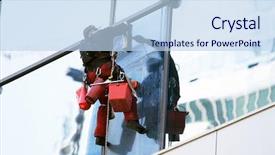  Presentation with high rise building - Slides with cleaning equipment - steeplejack washes windows background and a light blue colored foreground