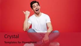  Presentation with joyful - Audience pleasing presentation theme consisting of a joyful young man backdrop and a red colored foreground