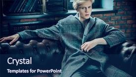  Presentation with mens fashion portrait - PPT theme consisting of a leather sofa fashion background and a navy blue colored foreground