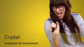  Presentation with portrait of excited overjoyed female - Presentation theme having a mike on yelow background and a gold colored foreground