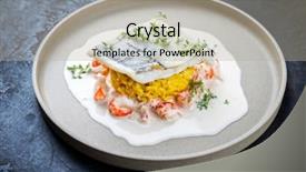  Presentation with crab shell - Slide set having fried haddock filet with saffron background and a coral colored foreground
