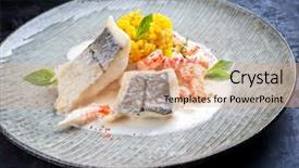  Presentation with crab shell - Beautiful presentation featuring fried haddock filet with saffron backdrop and a coral colored foreground