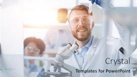  Presentation with research - Presentation theme enhanced with a-modern-laboratory-research-scientist background and a light blue colored foreground