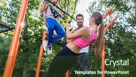  Presentation with suspension - Beautiful presentation featuring low-angle view of an athletic young woman doing bicep curls with a suspension trainer during functional workout with her friends in a modern outdoor fitness park backdrop and a tawny brown colored foreground
