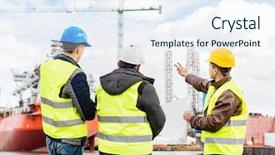  Presentation with port industry - Cool new PPT layouts with helmet and yellow vest shipbuilding backdrop and a sky blue colored foreground
