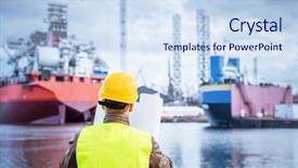  Presentation with construction documents - PPT layouts featuring shipbuilding engineer checking documents background and a sky blue colored foreground