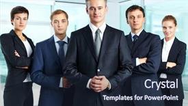  Presentation with team group - Colorful presentation design enhanced with a professional business team backdrop and a wine colored foreground