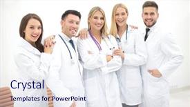  Presentation with team group - Amazing presentation design having a professional medical team backdrop and a sky blue colored foreground