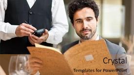  Presentation with restaurant menu - PPT layouts enhanced with ordering - man with menu background and a gold colored foreground