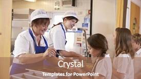  Presentation with school cafeteria - Slide deck with a school cafeteria queue background and a coral colored foreground