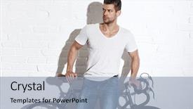  Presentation with white brick wall - Audience pleasing presentation theme consisting of a serious young man backdrop and a light blue colored foreground