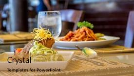  Presentation with pasta restaurant - Cool new slide set with a small outdoor restaurant backdrop and a gold colored foreground