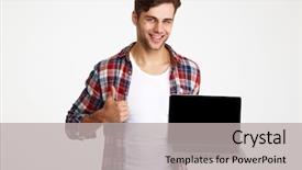  Presentation with laptop blank screen - Theme consisting of a smiling casual man background and a light gray colored foreground