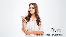  Presentation with smartphone - Amazing PPT theme having a smiling casual woman backdrop and a lemonade colored foreground