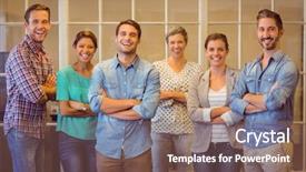  Presentation with team group - Slide set with a smiling creative business background and a violet colored foreground