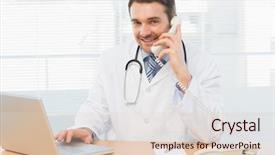  Presentation with medical laptop - Presentation design featuring a smiling male doctor background and a  colored foreground