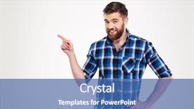  Presentation with finger - Presentation design consisting of a smiling man pointing background and a ocean colored foreground