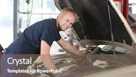  Presentation with garage car - Beautiful PPT layouts featuring a smiling mechanic work backdrop and a violet colored foreground