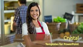  Presentation with vendor - Amazing PPT theme having a smiling woman vendor backdrop and a tawny brown colored foreground