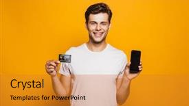  Presentation with man holding phone - Presentation theme consisting of a smiling young man background and a gold colored foreground